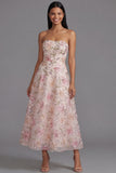 Chiffon roze strapless print lange bloemenjurk met kralen