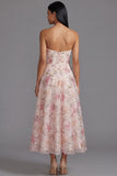 Chiffon roze strapless print lange bloemenjurk met kralen