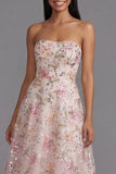 Chiffon roze strapless print lange bloemenjurk met kralen