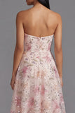 Chiffon roze strapless print lange bloemenjurk met kralen