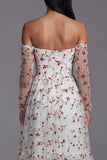 Ivoorrode Bloem A-lijn strapless midi bruiloftsjurk met doorschijnende mouwen