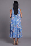Strapless chiffon blauw met bloemenprint midi trouwjurk met halsdoek