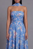 Strapless chiffon blauw met bloemenprint midi trouwjurk met halsdoek
