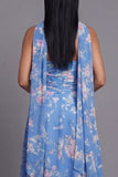 Strapless chiffon blauw met bloemenprint midi trouwjurk met halsdoek