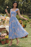 Vierkante hals chiffon blauwe gerimpelde bloemenjurk met midi trouwgastenjurk