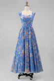 Vierkante hals chiffon blauwe gerimpelde bloemenjurk met midi trouwgastenjurk