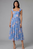 Vierkante hals chiffon blauwe gerimpelde bloemenjurk met midi trouwgastenjurk