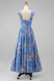 Vierkante hals chiffon blauwe gerimpelde bloemenjurk met midi trouwgastenjurk