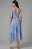 Vierkante hals chiffon blauwe gerimpelde bloemenjurk met midi trouwgastenjurk