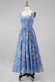 Vierkante hals chiffon blauwe gerimpelde bloemenjurk met midi trouwgastenjurk