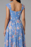 Vierkante hals chiffon blauwe gerimpelde bloemenjurk met midi trouwgastenjurk