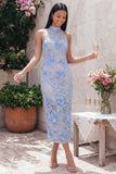 Blauwe kanten halter hals bodycon bloemenjurk lange trouwgast met split