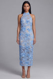 Blauwe kanten halter hals bodycon bloemenjurk lange trouwgast met split