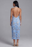 Blauwe kanten halter hals bodycon bloemenjurk lange trouwgast met split