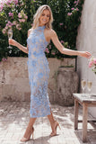 Blauwe kanten halter hals bodycon bloemenjurk lange trouwgast met split