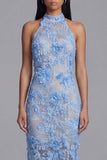 Blauwe kanten halter hals bodycon bloemenjurk lange trouwgast met split