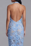 Blauwe kanten halter hals bodycon bloemenjurk lange trouwgast met split