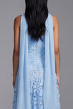Blauwe strapless A-lijn geappliqueerde bloemenjurk midi bruiloftsgastenjurk met halssjaal