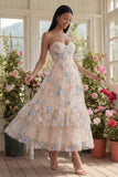 Sweetheart Champagne tule appliqued bloemen A-lijn midi jurk