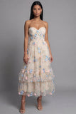 Sweetheart Champagne tule appliqued bloemen A-lijn midi jurk