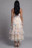 Sweetheart Champagne tule appliqued bloemen A-lijn midi jurk