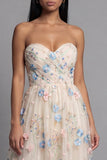 Sweetheart Champagne tule appliqued bloemen A-lijn midi jurk