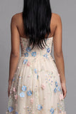 Sweetheart Champagne tule appliqued bloemen A-lijn midi jurk