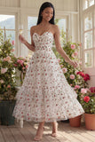Sweetheart Champagne tule appliqued bloemen A-lijn midi jurk