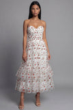 Sweetheart Champagne tule appliqued bloemen A-lijn midi jurk