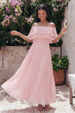 Off-the-shoulder roze tule geplooide maxijurk met ruches