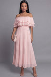Off-the-shoulder roze tule geplooide maxijurk met ruches