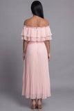Off-the-shoulder roze tule geplooide maxijurk met ruches