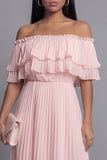 Off-the-shoulder roze tule geplooide maxijurk met ruches