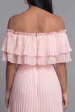 Off-the-shoulder roze tule geplooide maxijurk met ruches