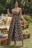 Zwarte A-lijn strapless gerimpelde jacquard bloemen midi jurk