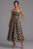 Zwarte A-lijn strapless gerimpelde jacquard bloemen midi jurk