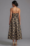 Zwarte A-lijn strapless gerimpelde jacquard bloemen midi jurk