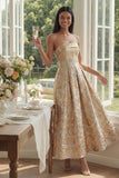 Zwarte A-lijn strapless gerimpelde jacquard bloemen midi jurk