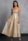 Zwarte A-lijn strapless gerimpelde jacquard bloemen midi jurk
