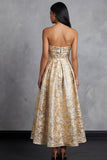 Zwarte A-lijn strapless gerimpelde jacquard bloemen midi jurk