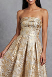 Zwarte A-lijn strapless gerimpelde jacquard bloemen midi jurk