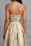 Zwarte A-lijn strapless gerimpelde jacquard bloemen midi jurk