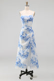 Witblauwe bloemen chiffon korset gerimpelde midi-jurk met split