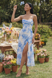 Witblauwe bloemen chiffon korset gerimpelde midi-jurk met split