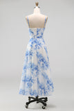 Witblauwe bloemen chiffon korset gerimpelde midi-jurk met split
