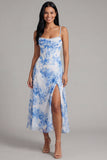 Witblauwe bloemen chiffon korset gerimpelde midi-jurk met split