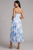 Witblauwe bloemen chiffon korset gerimpelde midi-jurk met split