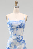 Witblauwe bloemen chiffon korset gerimpelde midi-jurk met split