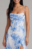 Witblauwe bloemen chiffon korset gerimpelde midi-jurk met split