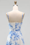 Witblauwe bloemen chiffon korset gerimpelde midi-jurk met split
